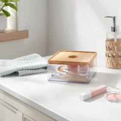 Small Clear Canister With Bamboo Lid - Brightroom™: Bathroom Container, Qtip Holder, Spot Clean, 3" Height