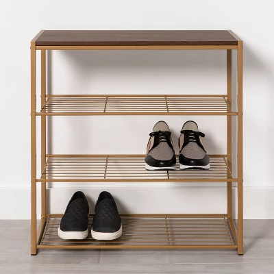 4 Tier Shoe Rack Brass With Walnut Wood - Brightroom™ 1 4 Tier Shoe Rack Brass With Walnut Wood - Brightroom™