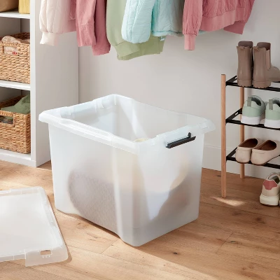 Large Frosted Latching Storage Box - Brightroom™: Stackable Clear Tote, 76L Capacity, Polypropylene, Universal Storage 1 Large Frosted Latching Storage Box - Brightroom™: Stackable Clear Tote, 76L Capacity, Polypropylene, Universal Storage